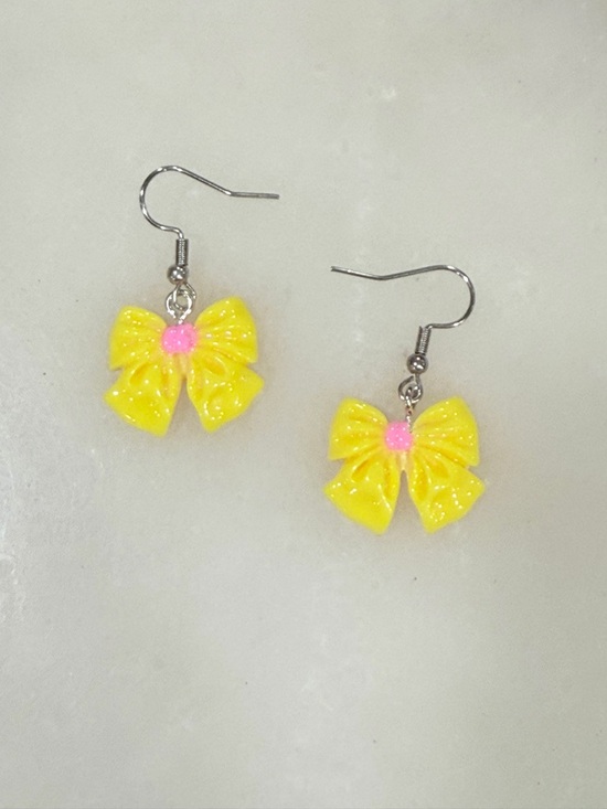 Handmade Jewelry - Cute Yellow Bow Dangle Earrings Pink Center Kawaii Ribbon Jewelry